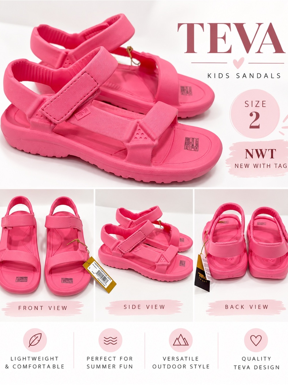 Teva Kids Bright Pink Adjustable Hook-and-Loop Sandals size 2